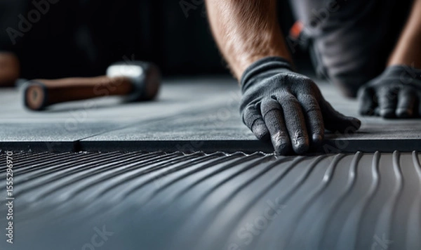 Obraz Worker's hands carefully installing grey floor tiles into adhesive mortar. Installation, flooring, precision and craftsmanship, copy space background.