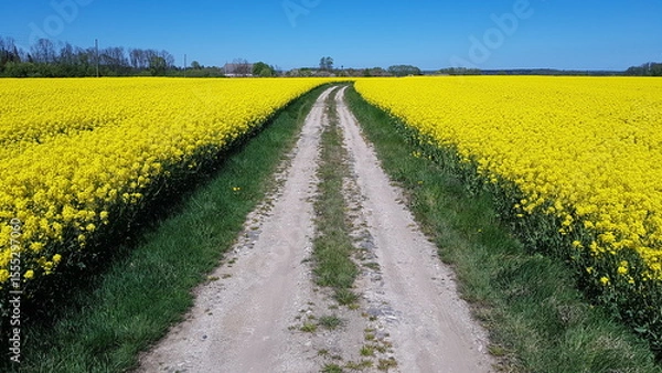 Obraz Dirt road among blooming yellow rapeseed field on a sunny day