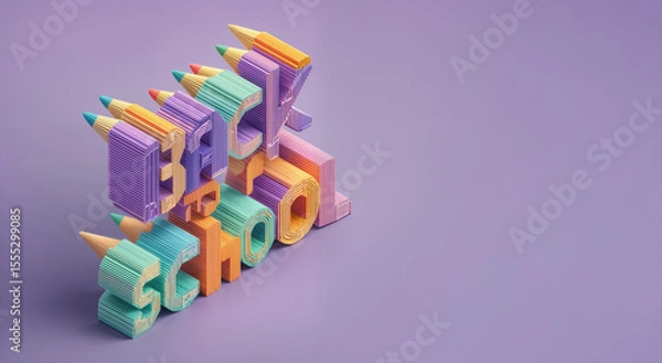 Obraz 3d isometric text Back To School made from blocky shapes and colorful pencils against the pastel purple background. Educational, retro futuristic copy space concept.