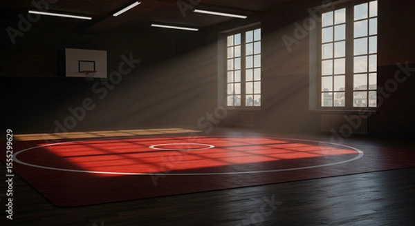 Fototapeta An indoor gymnasium featuring a red wrestling mat with natural light streaming through the windows inside