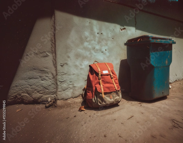 Obraz Old, worn backpack thrown away next to a garbage container. Back to school, forgotten knowledge conceptual background.