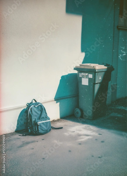 Obraz Old, worn backpack thrown away next to a garbage container. Back to school, forgotten knowledge conceptual background.
