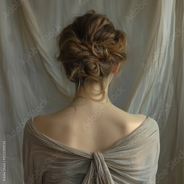 Obraz A photograph of a woman sitting quietly with her back to the camera and a cloth blowing behind her.