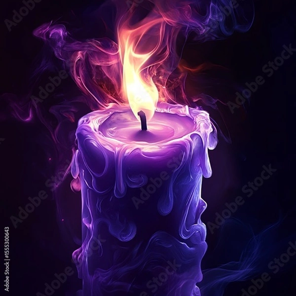 Obraz A candle is igniting, the fire is purple, and the background is dark.