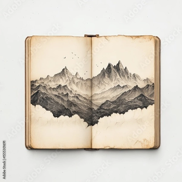 Fototapeta An open vintage book features a detailed black-and-white drawing of mountain ranges spanning both pages with birds flying above.