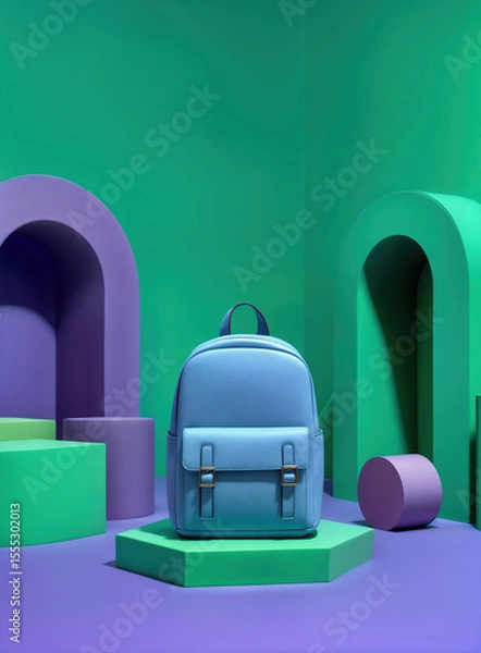 Obraz Blue backpack on a stand surrounded by green and purple mockup scene. Back to school minimalistic, futuristic background.