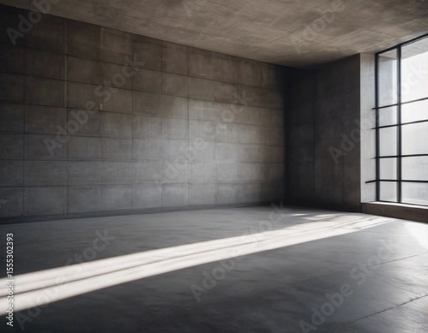 Fototapeta Parallel sunlight beams casting distinct patterns on a gray concrete wall and floor