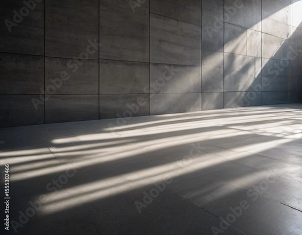 Fototapeta Parallel sunlight beams casting distinct patterns on a gray concrete wall and floor