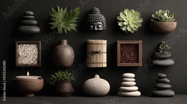 Obraz Relaxing zen composition with buddha statue, candles, plumeria flowers, stones, and vase for meditation and spa atmosphere