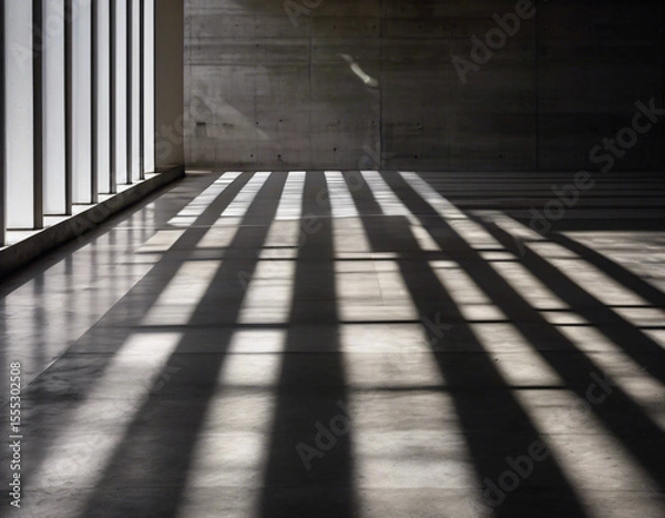 Fototapeta Parallel sunlight beams casting distinct patterns on a gray concrete wall and floor
