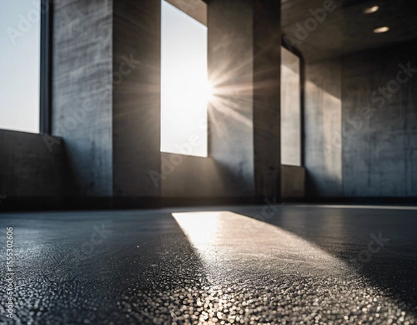 Fototapeta Parallel sunlight beams casting distinct patterns on a gray concrete wall and floor