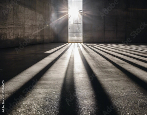 Fototapeta Parallel sunlight beams casting distinct patterns on a gray concrete wall and floor