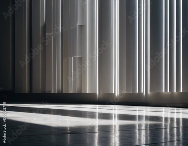 Fototapeta Parallel sunlight beams casting distinct patterns on a gray concrete wall and floor