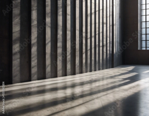 Fototapeta Parallel sunlight beams casting distinct patterns on a gray concrete wall and floor
