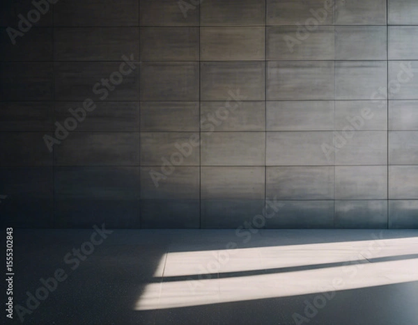 Fototapeta Parallel sunlight beams casting distinct patterns on a gray concrete wall and floor