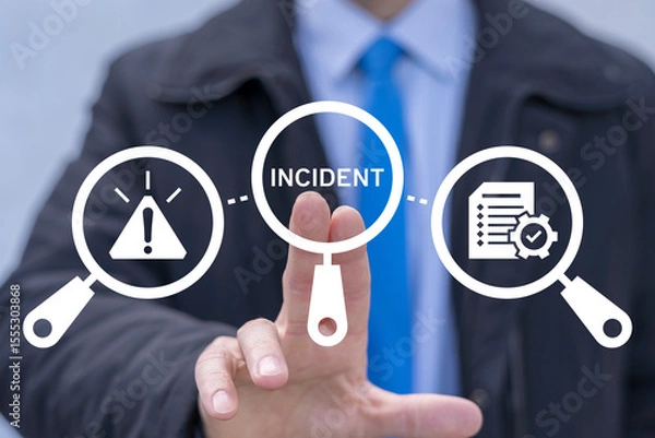 Fototapeta Business person using virtual touch screen presses the text: INCIDENT. Incident Management and Report Business Concept. Incident Response Plan.