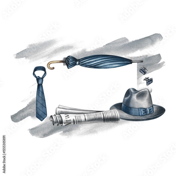 Fototapeta A postcard for a man. A frame with men's accessories. Hand-drawn watercolor illustration. A color image of a horizontal template. To celebrate All Men's Day or Father's Day.