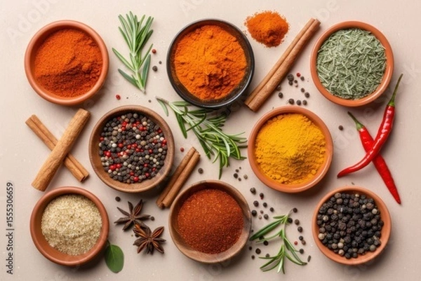 Obraz Top-Down View of Colorful Spices and Herbs on Rustic Background