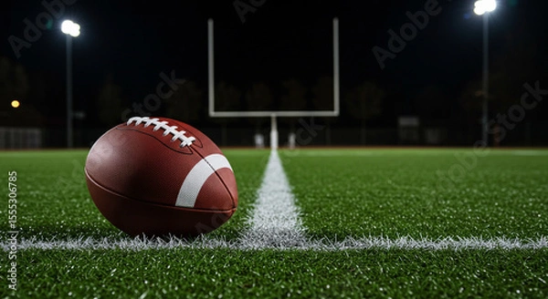 Fototapeta American football on the field at night with goal post and stadium lights in the background view at ground level