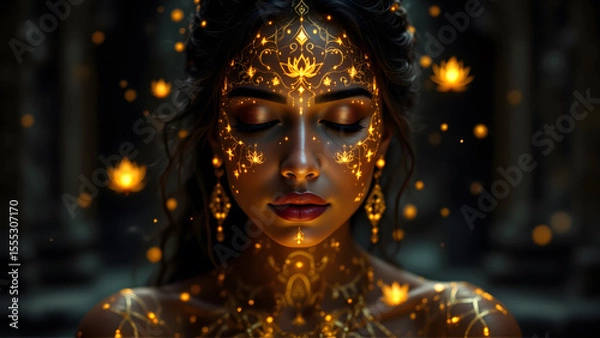 Fototapeta Mystical Woman Illuminated by Golden Orbs and Celestial Sparkles in Ancient Temple