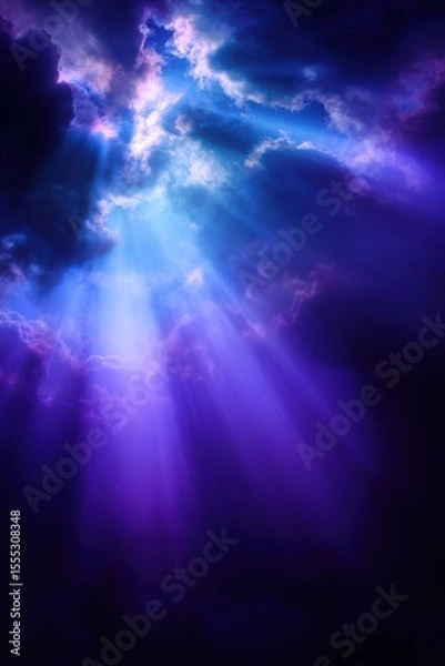 Fototapeta Heavenly purple and blue light rays break through dramatic clouds – symbol of divine power and spiritual rebirth