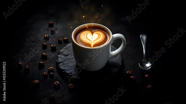 Fototapeta Enjoying a Perfectly Crafted Heart Latte Art Coffee on a Dark Background
