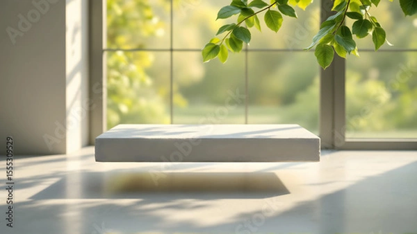 Fototapeta Floating Pedestal Showcase bathed in Natural Sunlight near a Large Window