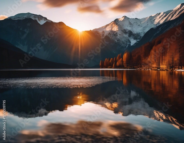 Fototapeta A breathtaking sunset scene featuring snow-capped mountains in the background.