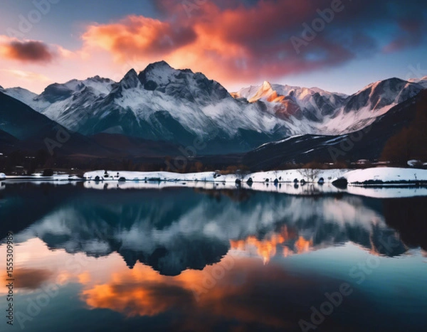 Fototapeta A breathtaking sunset scene featuring snow-capped mountains in the background.