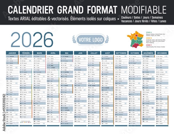 Obraz Calendrier Français 2026 modifiable, grand format France, éléments isolés sur calques, textes en Arial, éditables et vectorisés.