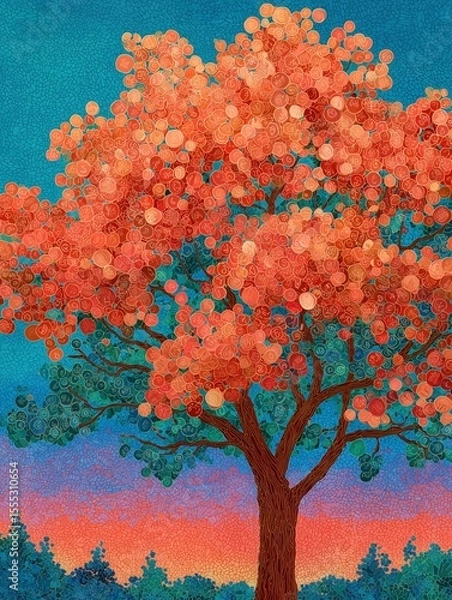 Obraz Vibrant tree with colorful leaves against a blue background.