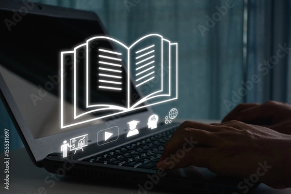 Fototapeta Person using laptop for online education and e-learning with digital book icon, studying course, virtual class, and training concept for modern learning and business technology skill development.