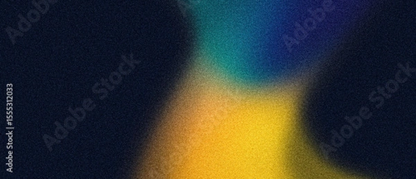 Fototapeta Yellow blue abstract blurred gradient shape, black grainy background, noise texture banner backdrop design, copy space