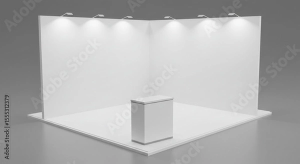 Fototapeta A white exhibition stand with lights and a counter on a gray background in a studio setting