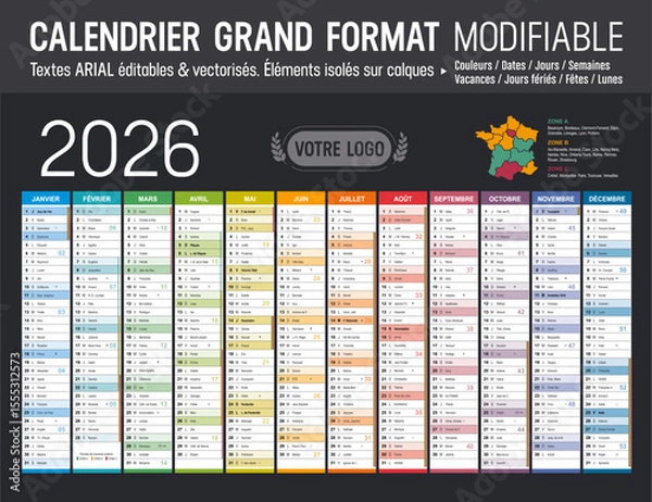 Obraz Calendrier Français 2026 modifiable, grand format horizontal  France, éléments isolés sur calques, textes en Arial, éditables et vectorisés