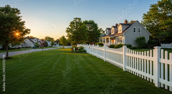 Fototapeta A suburban home with a white picket fence and a large green lawn at sunset in a neighborhood setting