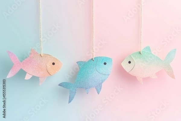 Fototapeta Pastel hanging paper fish on soft gradient background