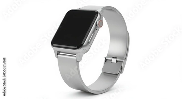 Fototapeta A silver digital smart watch with a black screen on a white background, symbolizing modern technology and connectivity.