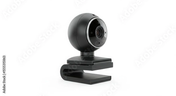 Fototapeta Black webcam or camera device with a circular lens and clamp stand. Digital video communication technology product for streaming.