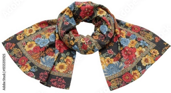 Fototapeta Dark fabric scarf with a colorful floral pattern and decorative border. Elegant accessory for women's fashion and style.