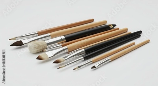Fototapeta Set of assorted artist brushes with wooden handles for painting, calligraphy, and fine art. Art supplies for creativity.
