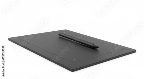 Fototapeta Black graphic tablet with a pen on white background. Digital drawing pad for artist and designer. Creative illustration device concept.