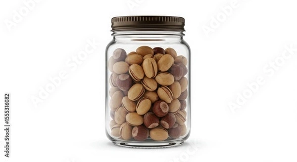 Fototapeta A clear glass jar filled with a mix of shelled hazelnuts and pistachios, food storage concept for healthy snack or ingredient.