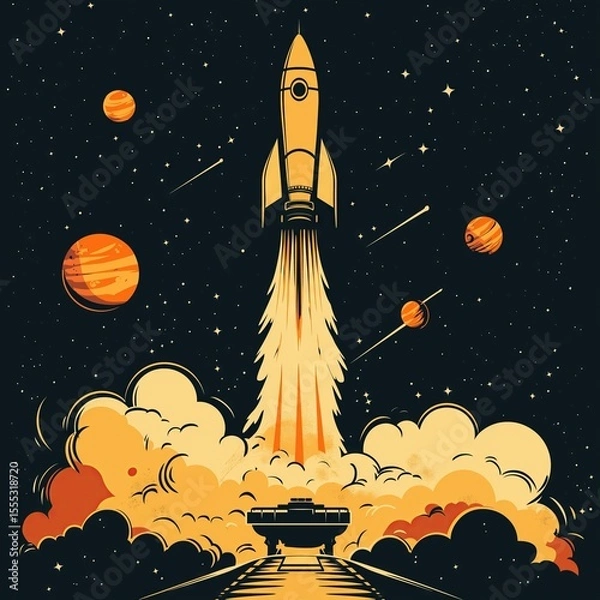 Obraz Cartoon Rocket Launching from Spacepad with Flames and Smoke, Surrounded by Stars and Planets