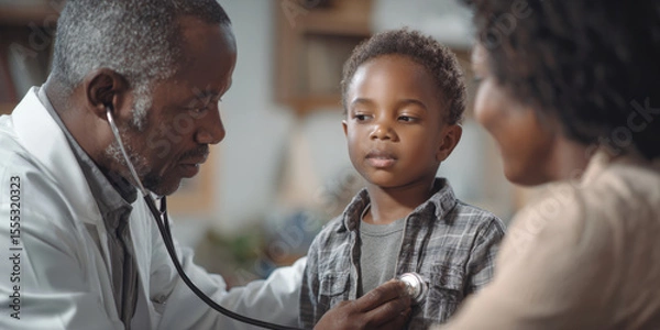 Fototapeta Caring Doctor Examines Young Patient with Stethoscope - Reassuring Pediatric Check-up, Medical Professional Attending to Child's Health and Well-being