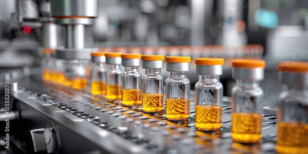 Fototapeta Automated Pharmaceutical Production Line with Vials of Medicine - Efficient Manufacturing Process for Vaccines, Drugs, and Medical Solutions