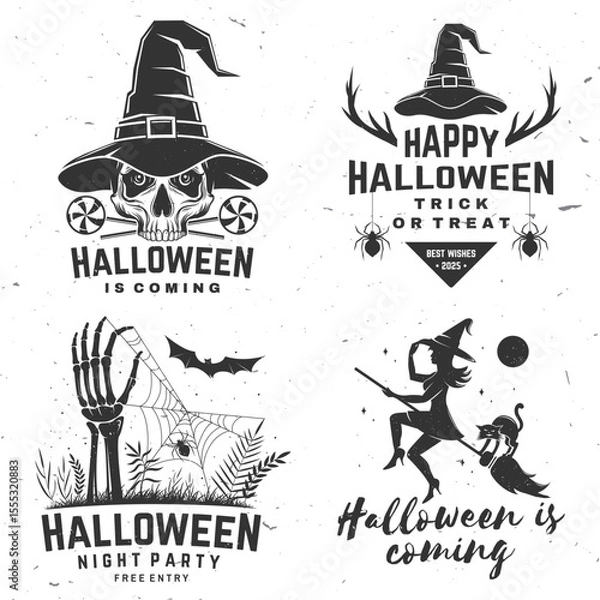 Fototapeta Set of Halloween is coming design. Vector illustration. For holiday Halloween design, shirt, logo, badge, decorations, cards, banner with werewolf, skull hand sticking, flying witch on a broomstick