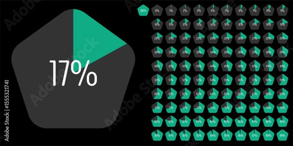 Obraz Set of pentagon percentage diagrams meters from 0 to 100 ready-to-use for web design, user interface UI or infographic - indicator with green