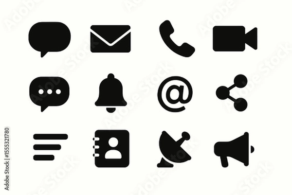 Fototapeta 12 black communication icons. Solid vector symbols for messaging, calls and connectivity.