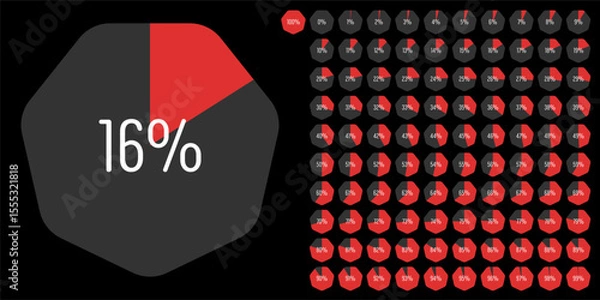 Obraz Set of heptagon percentage diagrams meters from 0 to 100 ready-to-use for web design, user interface UI or infographic - indicator with red